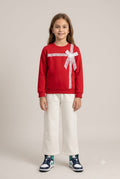 Girls Red & Off-White Lace Bow Sweatshirt & Flapper Trousers Set | Festive Fleece Outfit