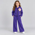 Girls Black 2-Piece Tracksuit Set with Pink Flower Detail