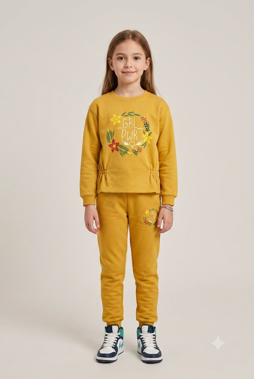 Girls "GRL PWR" Floral Sweatshirt & Joggers Set – Vibrant Yellow Tracksuit