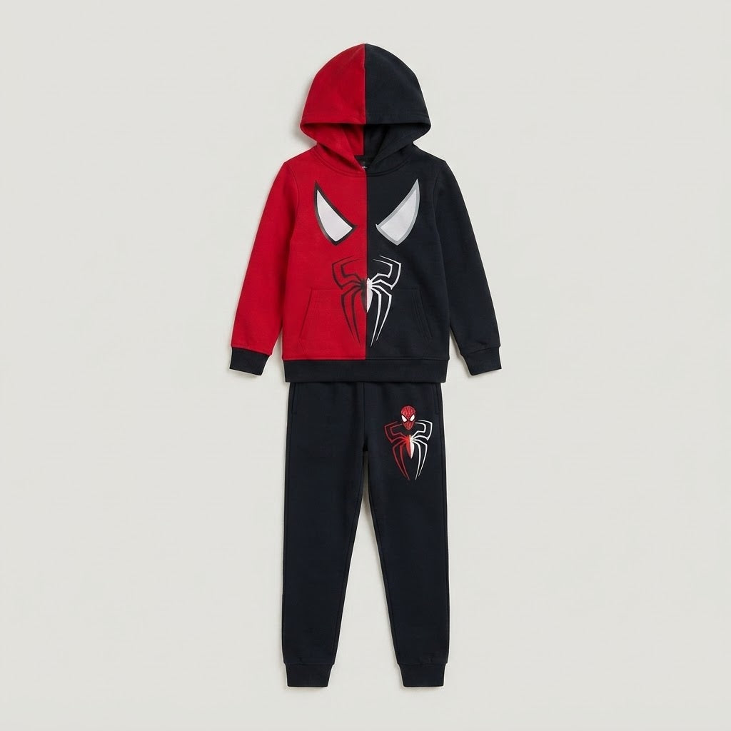 Kids Split-Color Spider-Man Hoodie & Jogger Set | Boys Red & Black Marvel Tracksuit