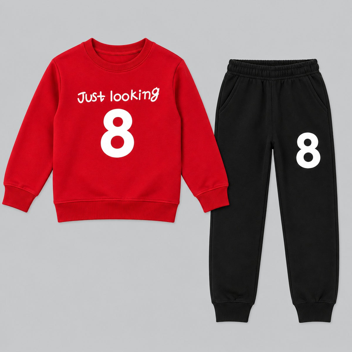 Kids "Just Looking 8" Red & Black Sweatshirt & Jogger Set | Boys Number 8 Fleece Tracksuit