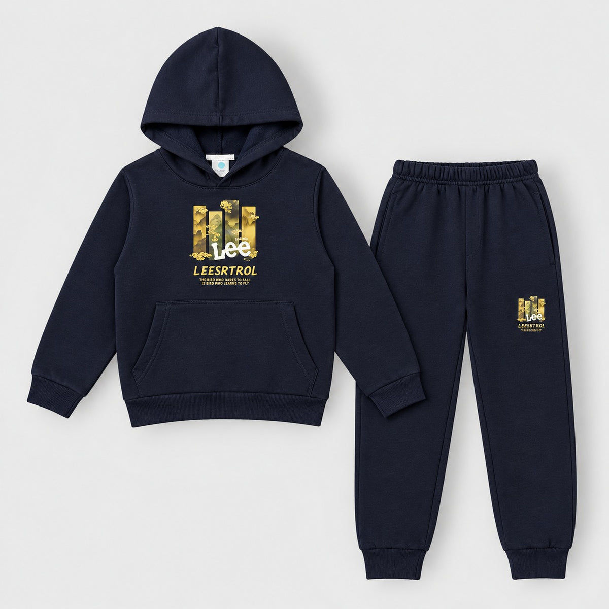 Kids Navy Blue Hooded Sweatshirt & Jogger Set – Printed Tracksuit