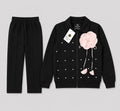 Girls Black 2-Piece Tracksuit Set with Pink Flower Detail
