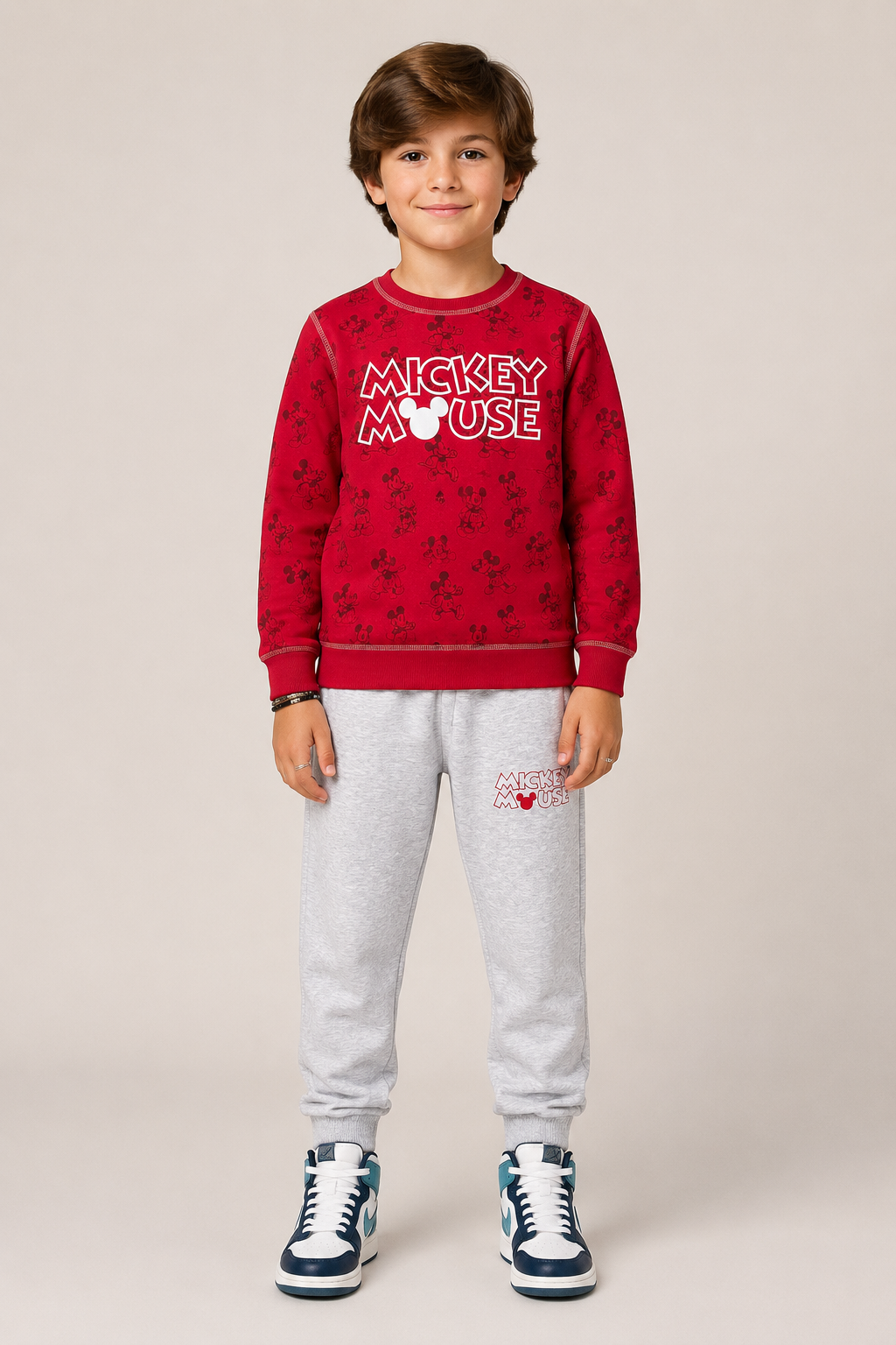 Kids Mickey Mouse All-Over Print Sweatshirt & Jogger Set | Boys Red & Grey Disney Tracksuit