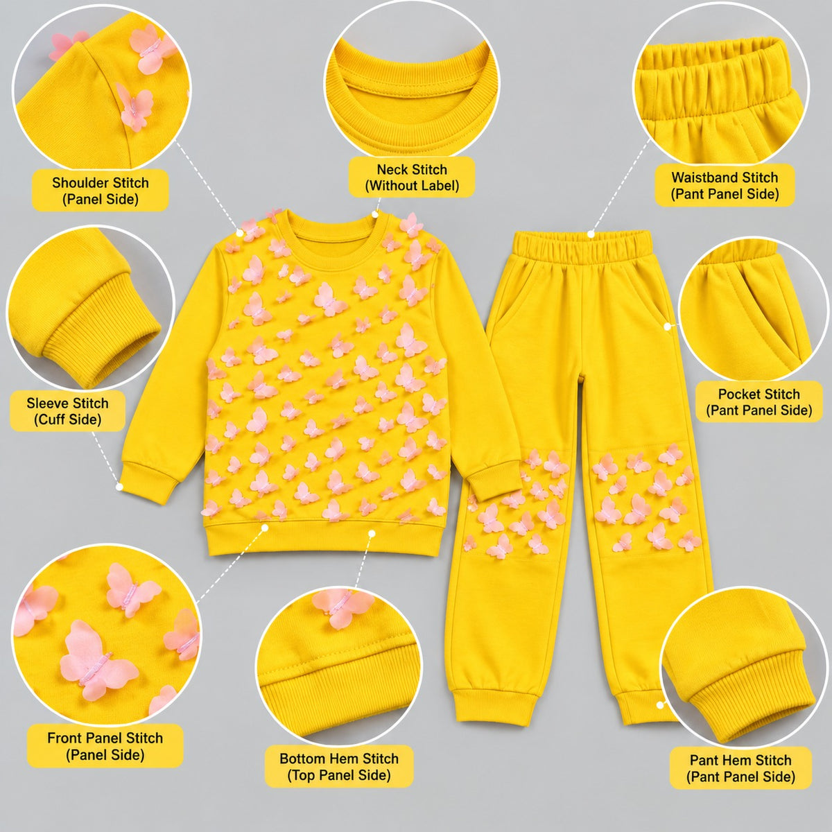 3D Butterfly Yellow Kids Sweatshirt & Jogger Set