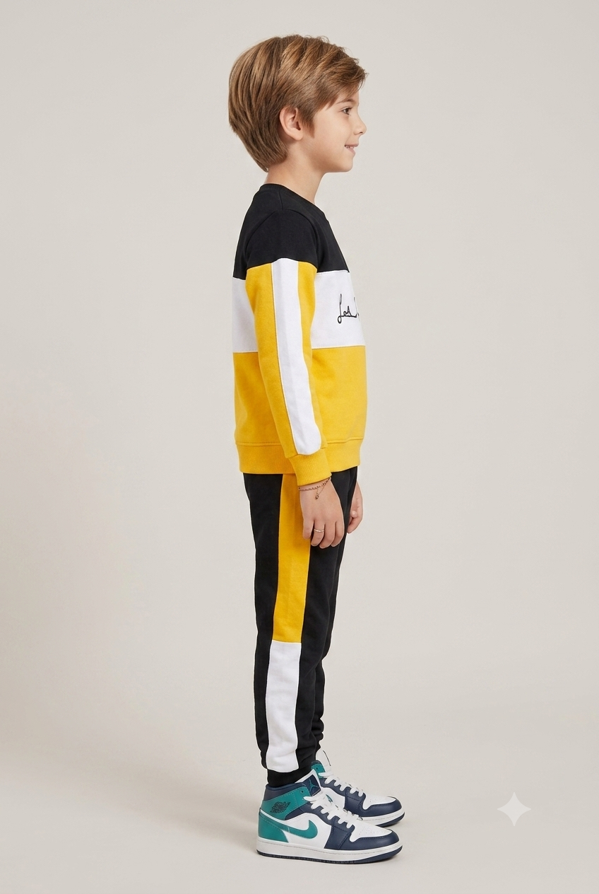 Kids "Los Angeles" Color-Block Sweatshirt & Jogger Set | Boys Black, Yellow & White Tracksuit