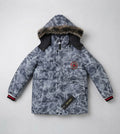 Kids Grey Tie-Dye Faux Fur-Lined Winter Puffer Jacket | Boys Hooded Coat with Fur Trim