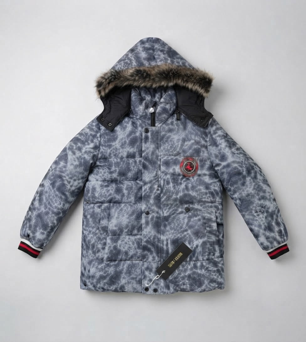 Kids Grey Tie-Dye Faux Fur-Lined Winter Puffer Jacket | Boys Hooded Coat with Fur Trim