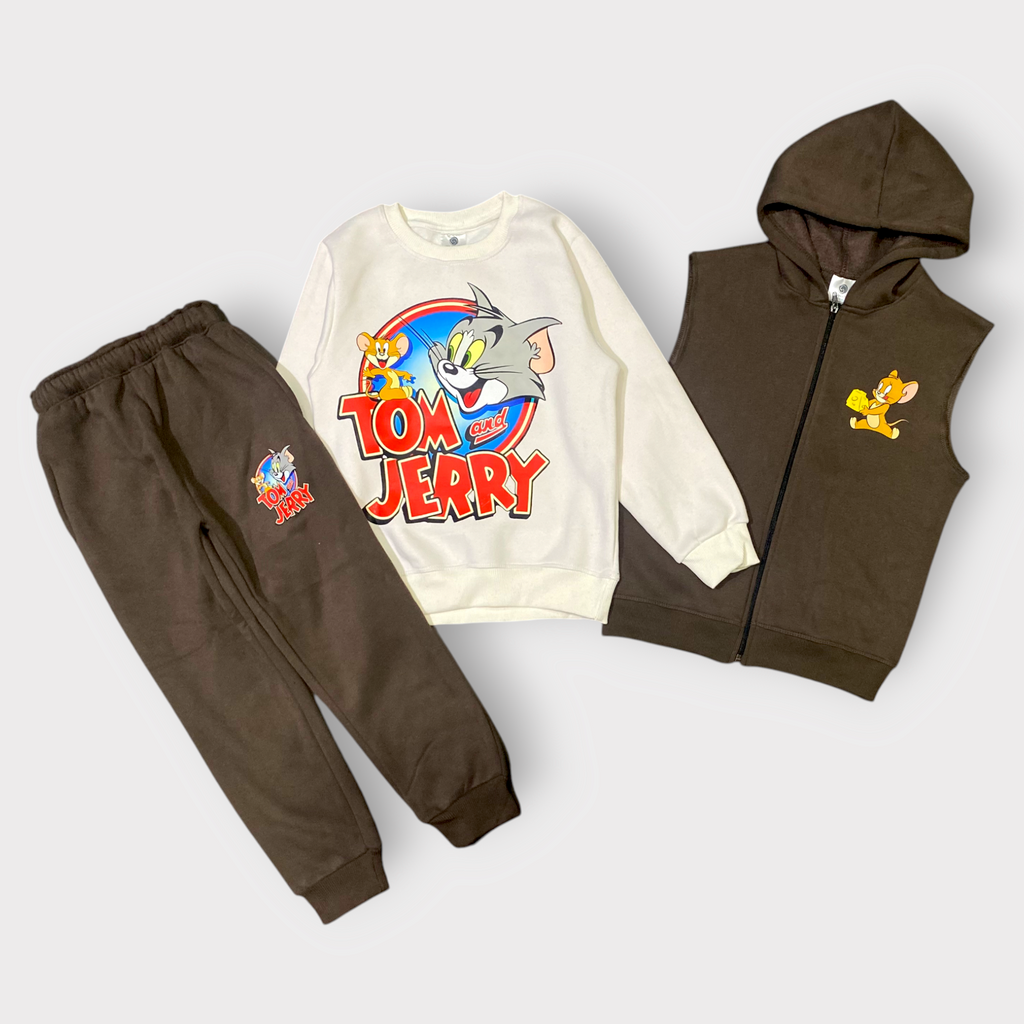 Kids "Tom and Jerry" 3-Piece Fleece Vest & Tracksuit Set | Boys Brown & Off-White Cartoon Outfit
