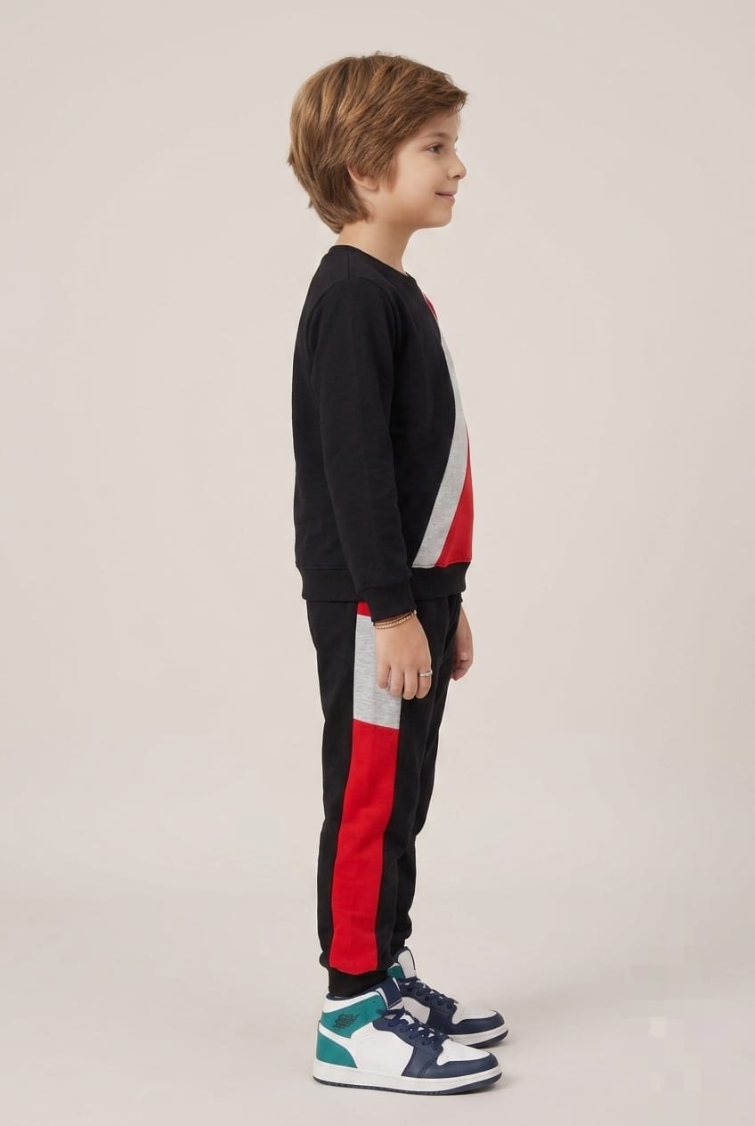 Chhotu's Club Lightning Bolt Sweatshirt & Jogger Set | Boys Black, Yellow Red & Grey Fleece Tracksuit