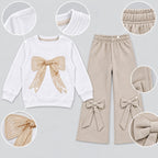 Girls Bow Detail Sweatshirt & Wide-Leg Pants Set – White & Beige