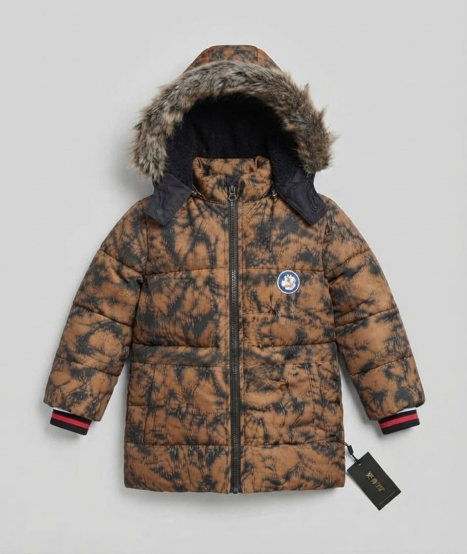 Kids Brown Tie-Dye Faux Fur-Lined Winter Puffer Jacket | Boys Hooded Coat with Fur Trim