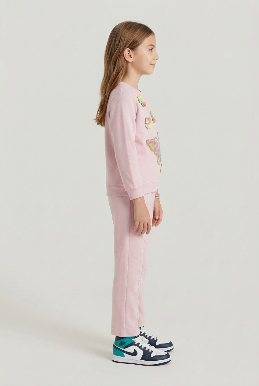 Girls Pink Butterfly Printed Sweatshirt & Flared Trouser Set