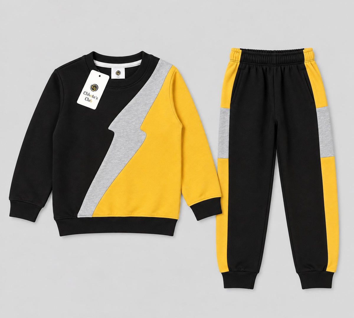 Chhotu's Club Lightning Bolt Sweatshirt & Jogger Set | Boys Black, Yellow Red & Grey Fleece Tracksuit