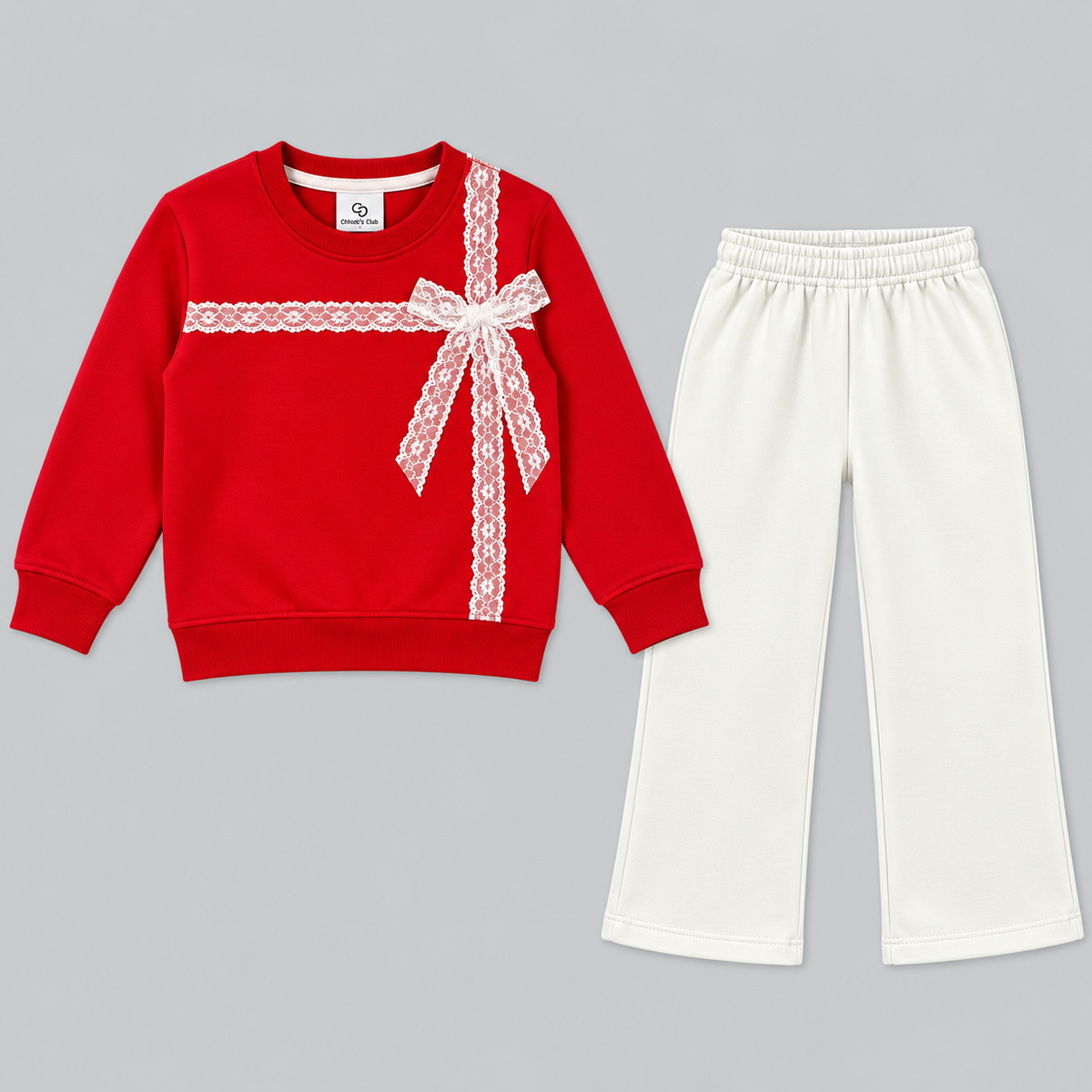 Girls Red & Off-White Lace Bow Sweatshirt & Flapper Trousers Set | Festive Fleece Outfit