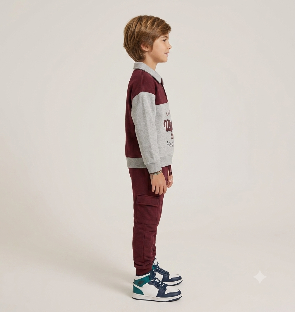 Kids "Classic Vintage 1978" Polo Tracksuit | Boys Maroon & Grey Fleece Outfit