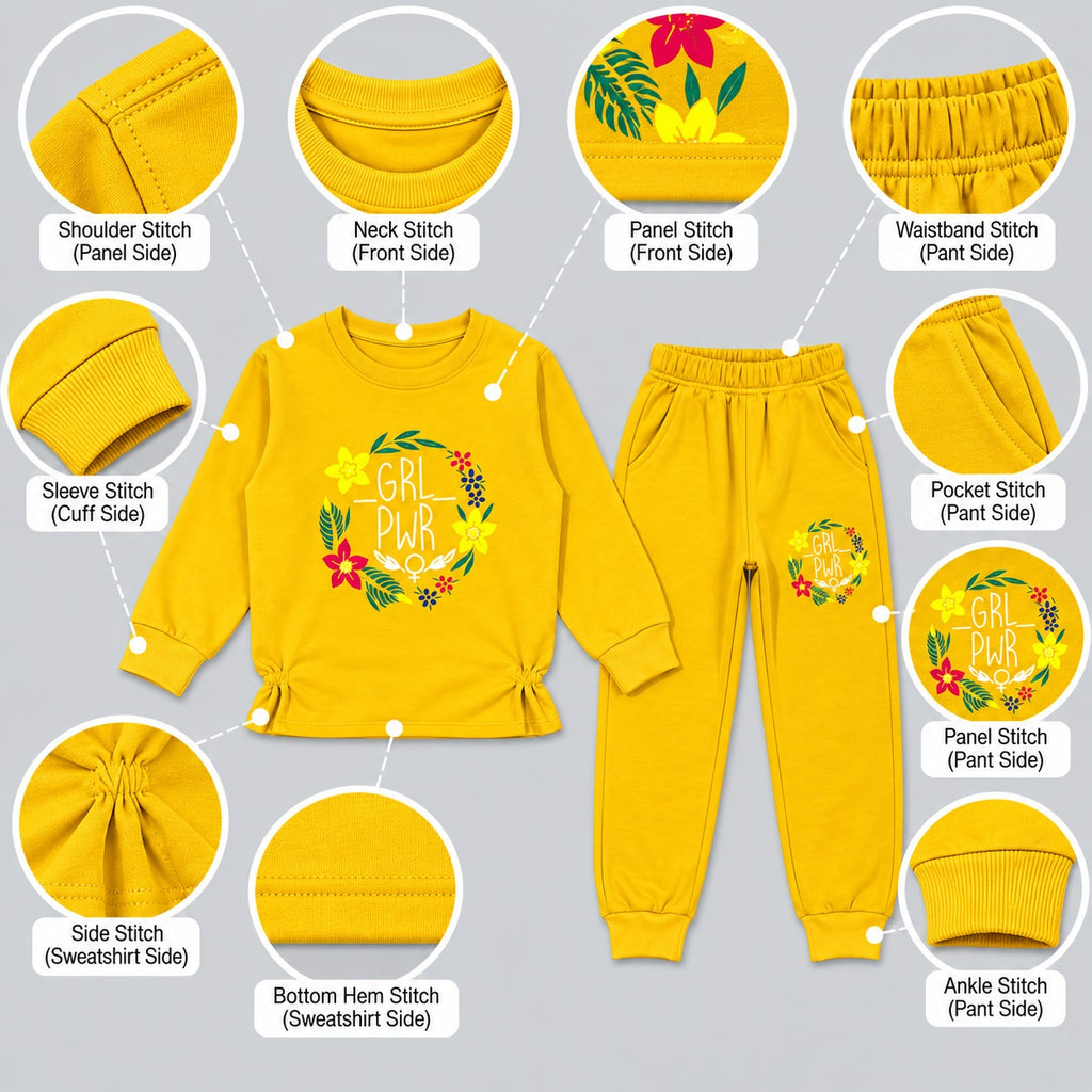 Girls "GRL PWR" Floral Sweatshirt & Joggers Set – Vibrant Yellow Tracksuit