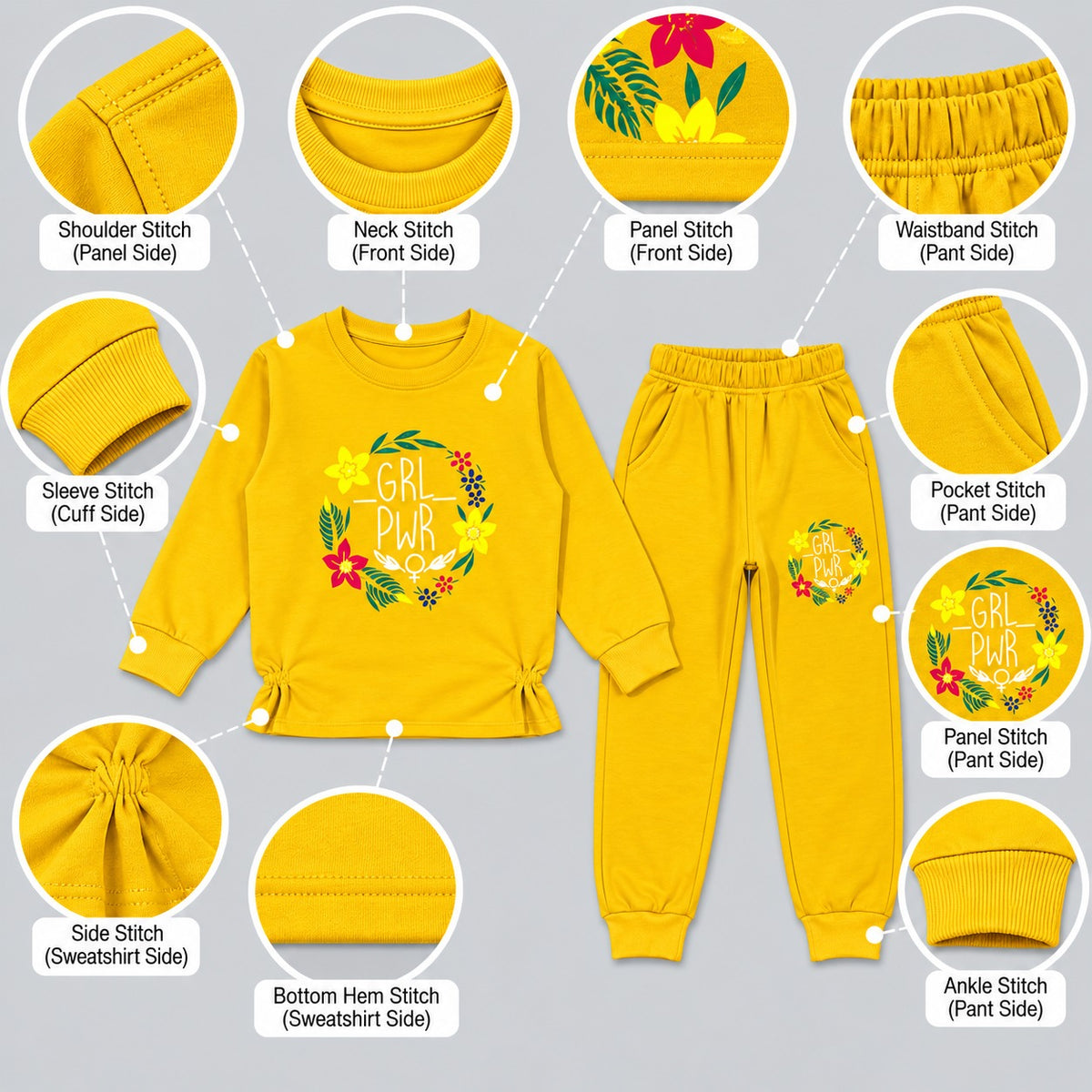 Girls "GRL PWR" Floral Sweatshirt & Joggers Set – Vibrant Yellow Tracksuit