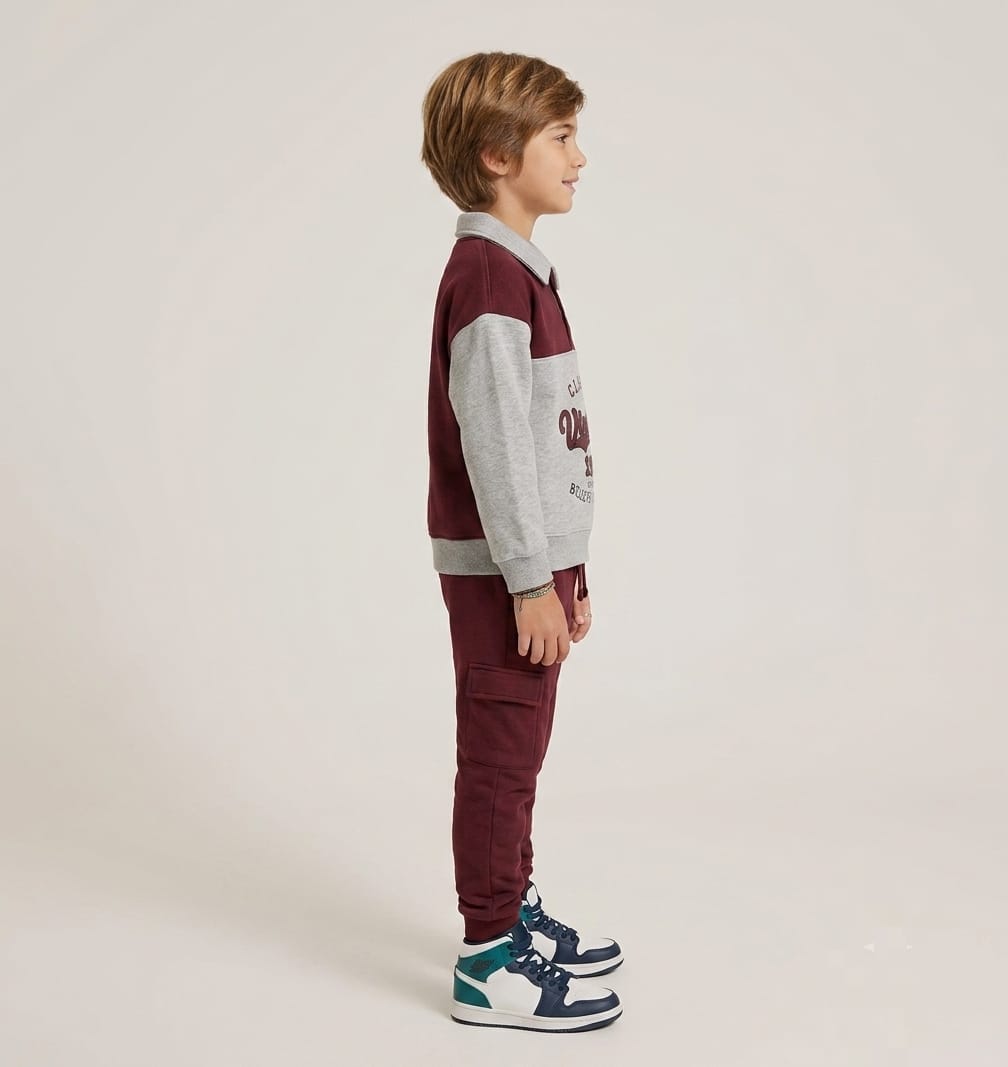 Kids "Classic Vintage 1978" Polo Tracksuit | Boys Maroon & Grey Fleece Outfit
