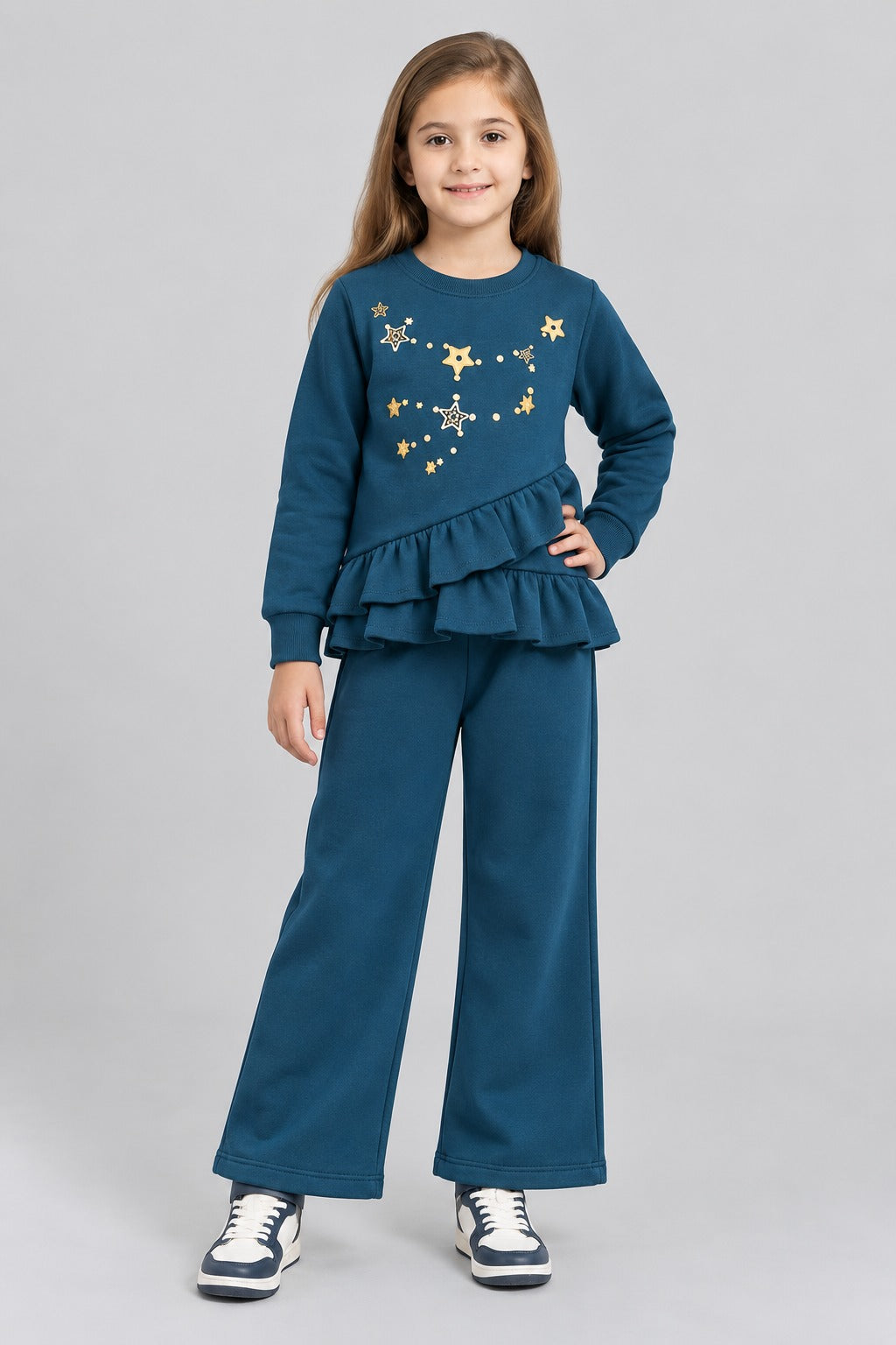 Girls Star Embellished Ruffle Top & Wide-Leg Pants Set