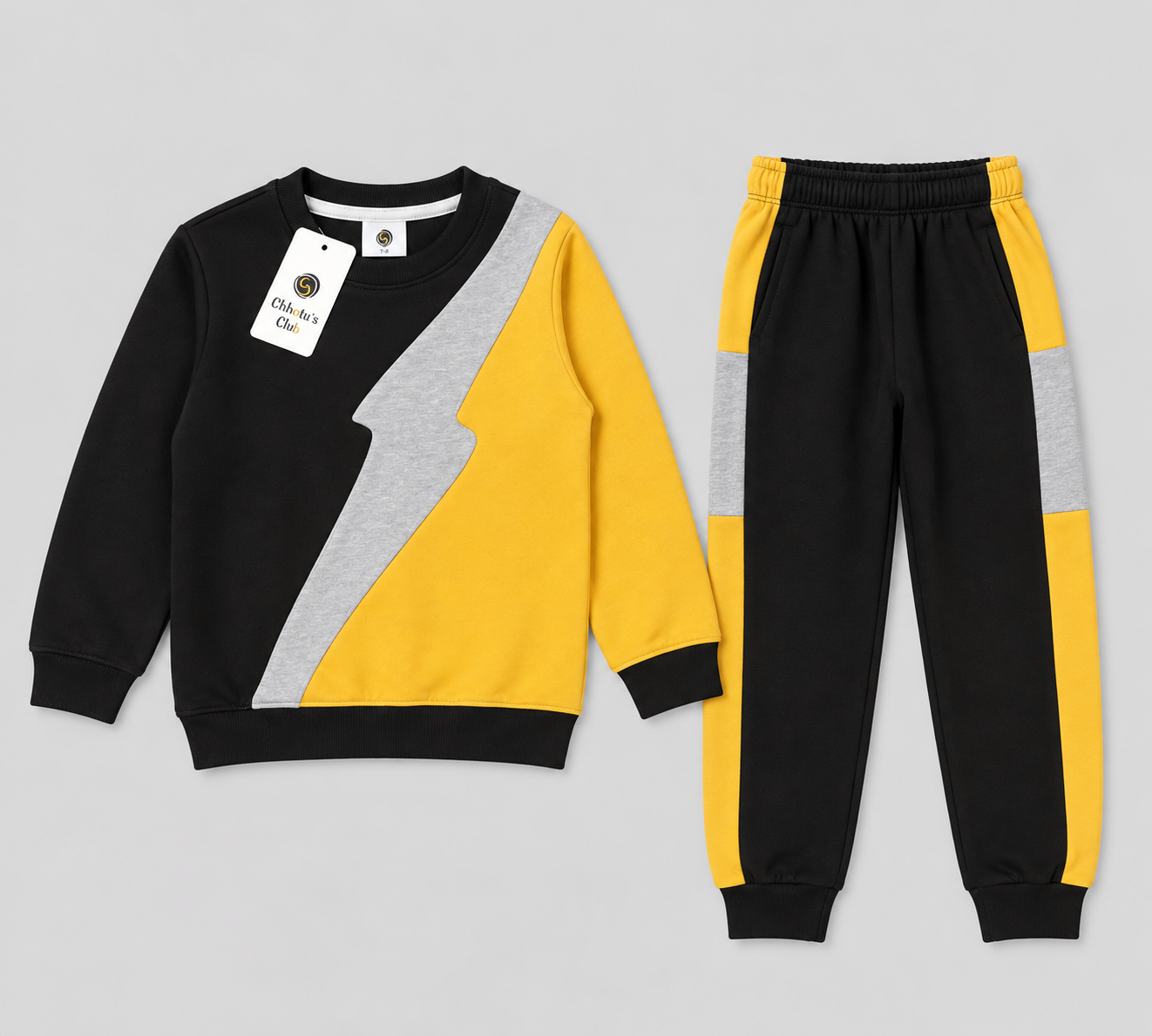 Chhotu's Club Lightning Bolt Sweatshirt & Jogger Set | Boys Black, Yellow Red & Grey Fleece Tracksuit