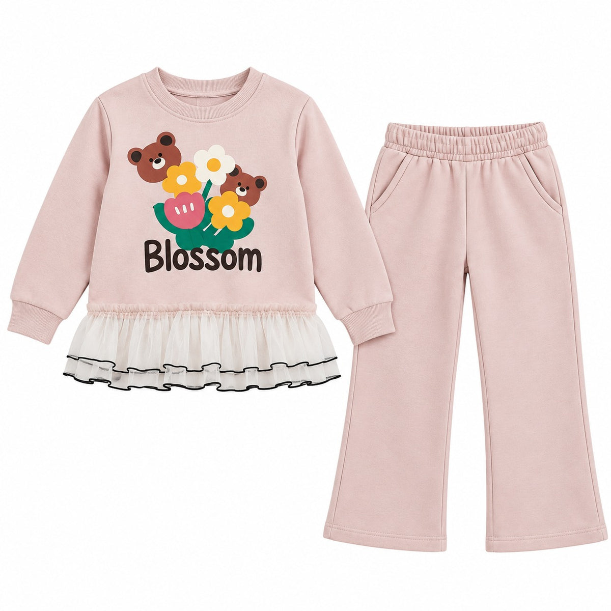 Girls Blossom Bear Ruffle Top & Wide-Leg Pants Set