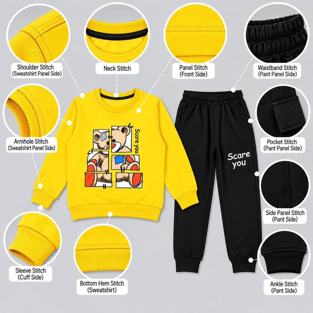 Kids Yellow “Scare You” Teddy Sweatshirt & Black Jogger Set