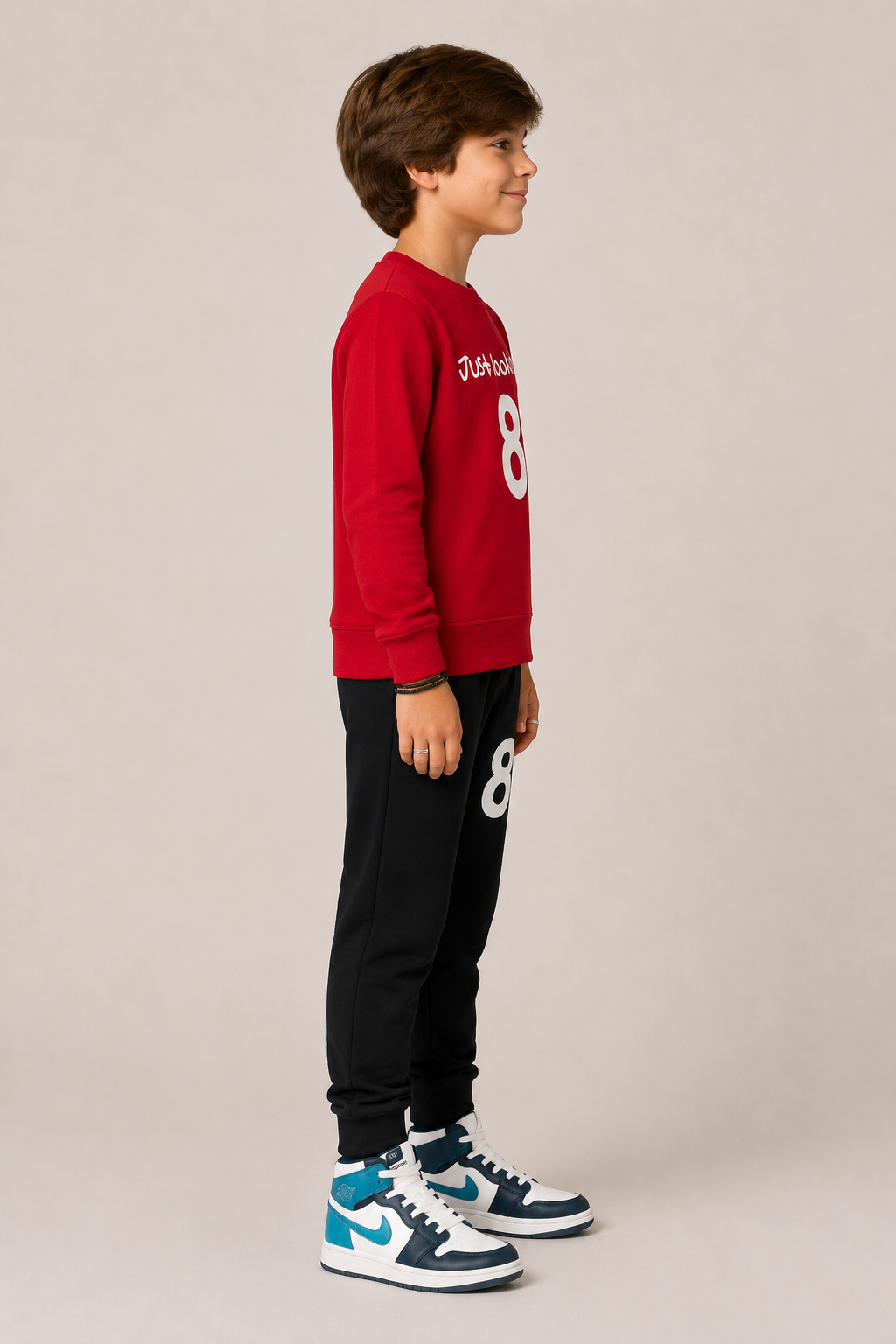 Kids "Just Looking 8" Red & Black Sweatshirt & Jogger Set | Boys Number 8 Fleece Tracksuit