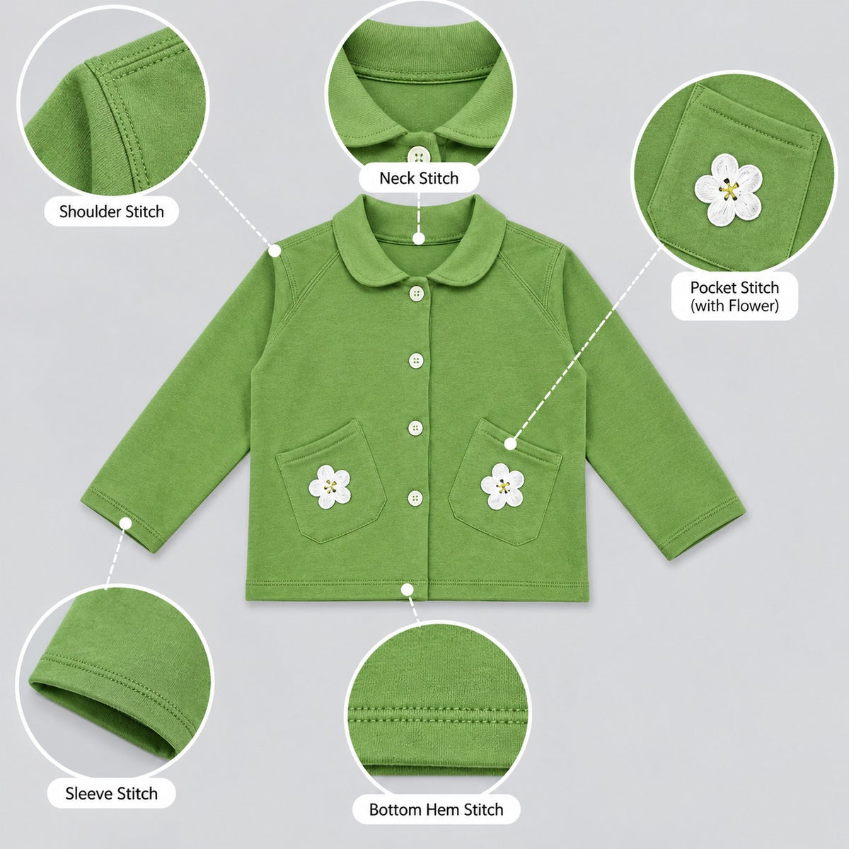 Green Button-Up Jacket with Floral Pocket