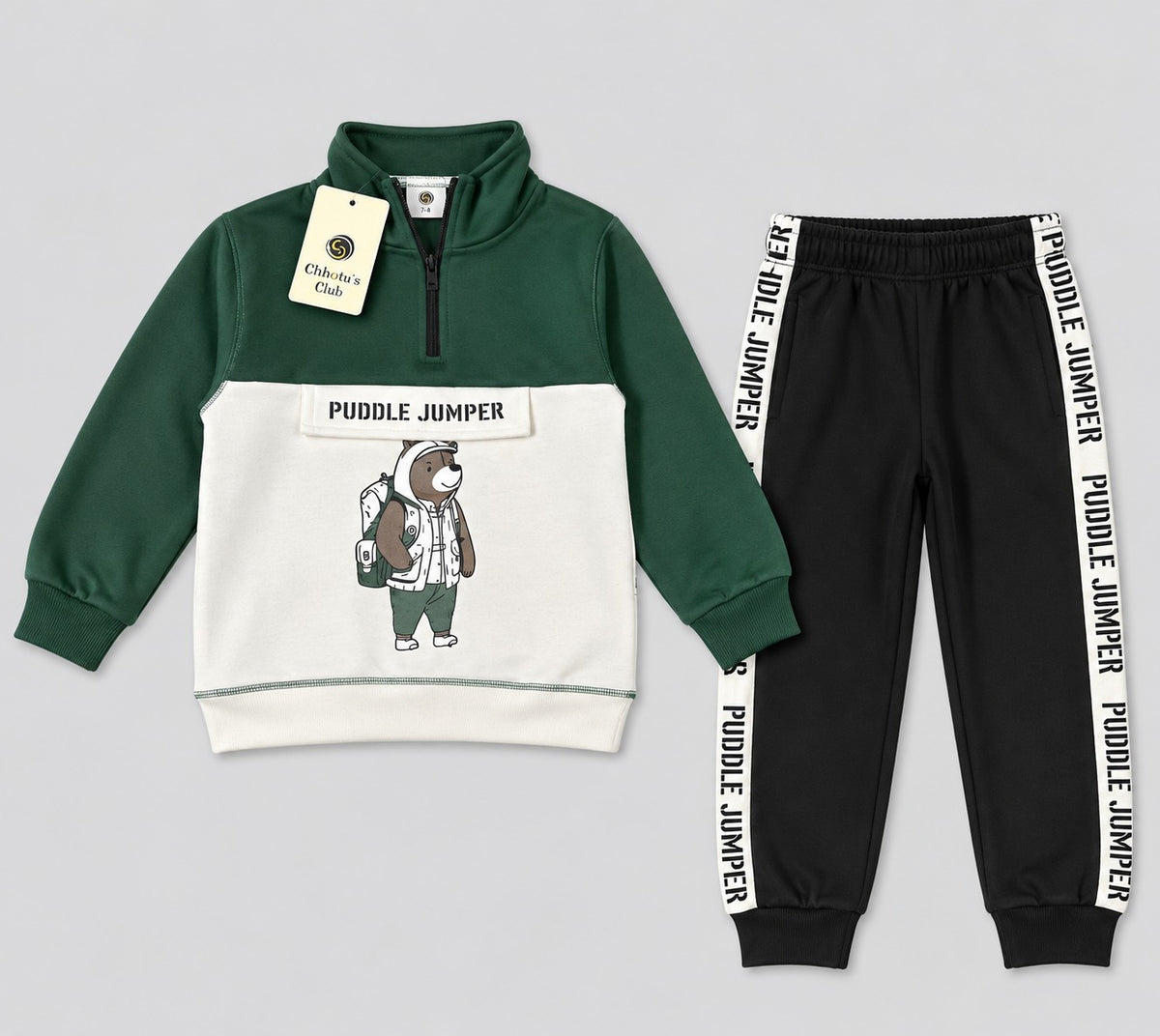 Kids "Puddle Jumper" Half-Zip Tracksuit | Boys Green & Black Bear Outfit