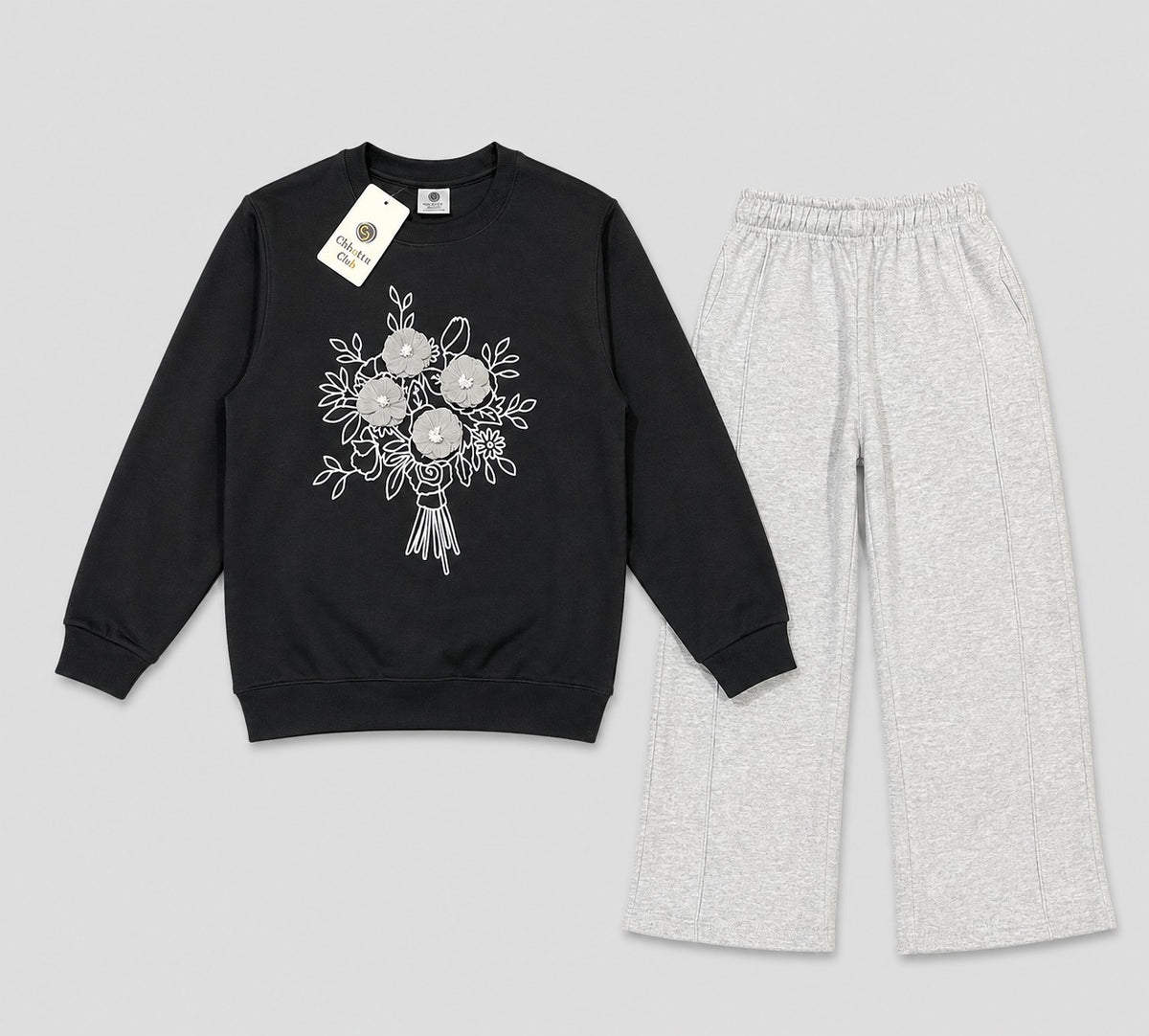 Kids’ Black Floral Sweatshirt & Light Grey Jogger Set
