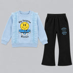 Girls "Big Surprise Smile Better" Ruffle Sweatshirt & Flapper Trousers Set | Blue & Black Fleece Outfit