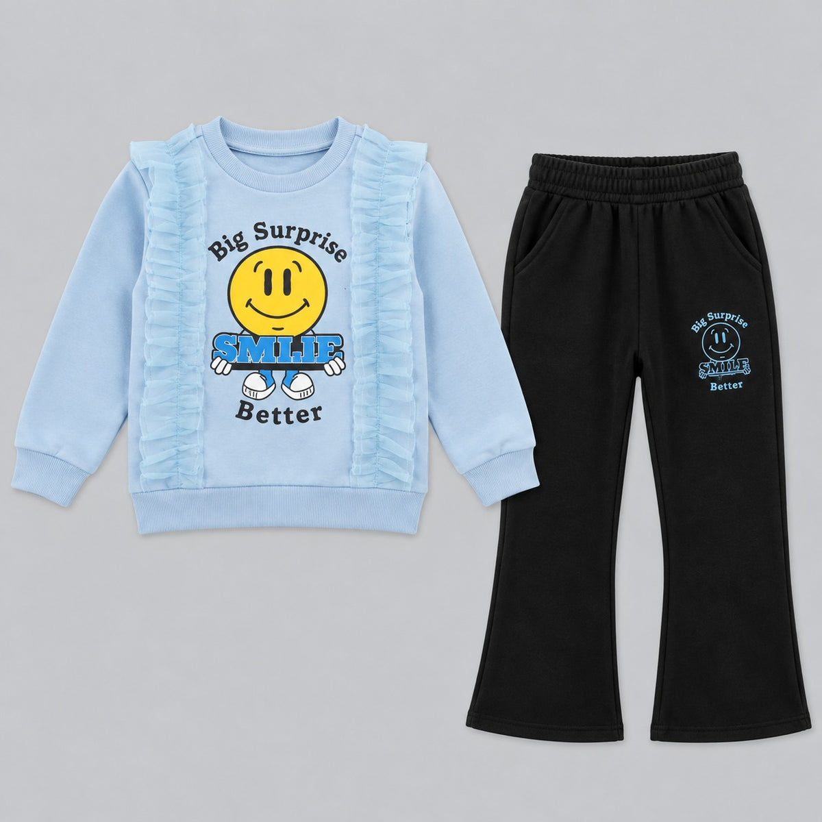Girls "Big Surprise Smile Better" Ruffle Sweatshirt & Flapper Trousers Set | Blue & Black Fleece Outfit