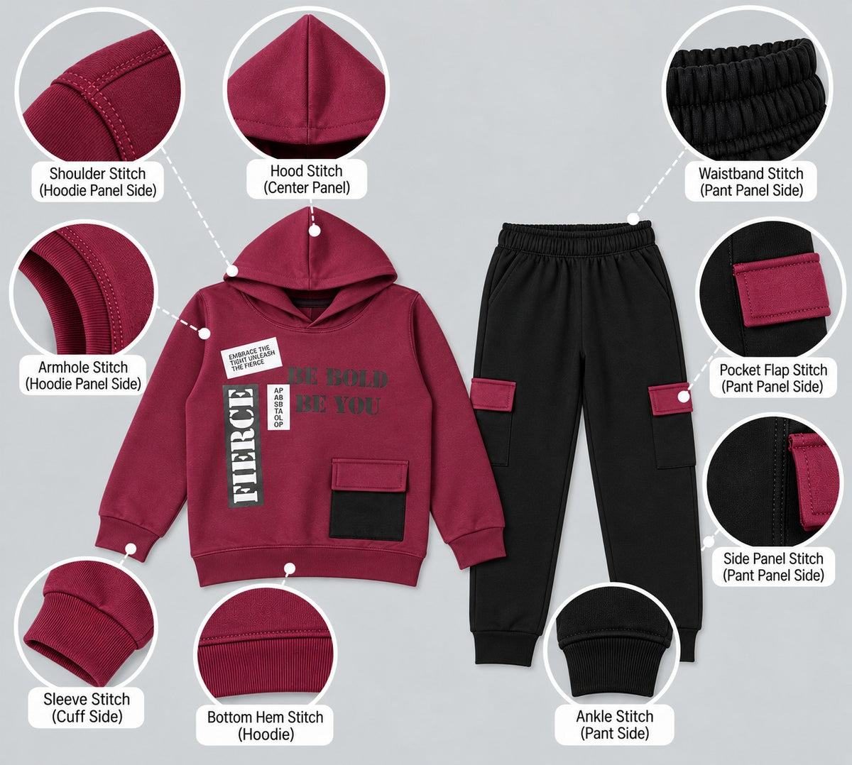 Kids "Be Bold" Maroon Hoodie & Cargo Jogger Set | Boys Stylish Winter Outfit