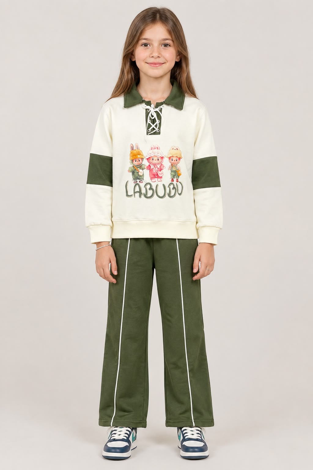 Girls’ Olive & Navy Graphic Sweatshirt with Matching Track Pants Set