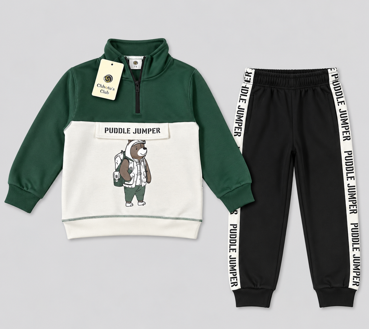 Kids "Puddle Jumper" Half-Zip Tracksuit | Boys Green & Black Bear Outfit