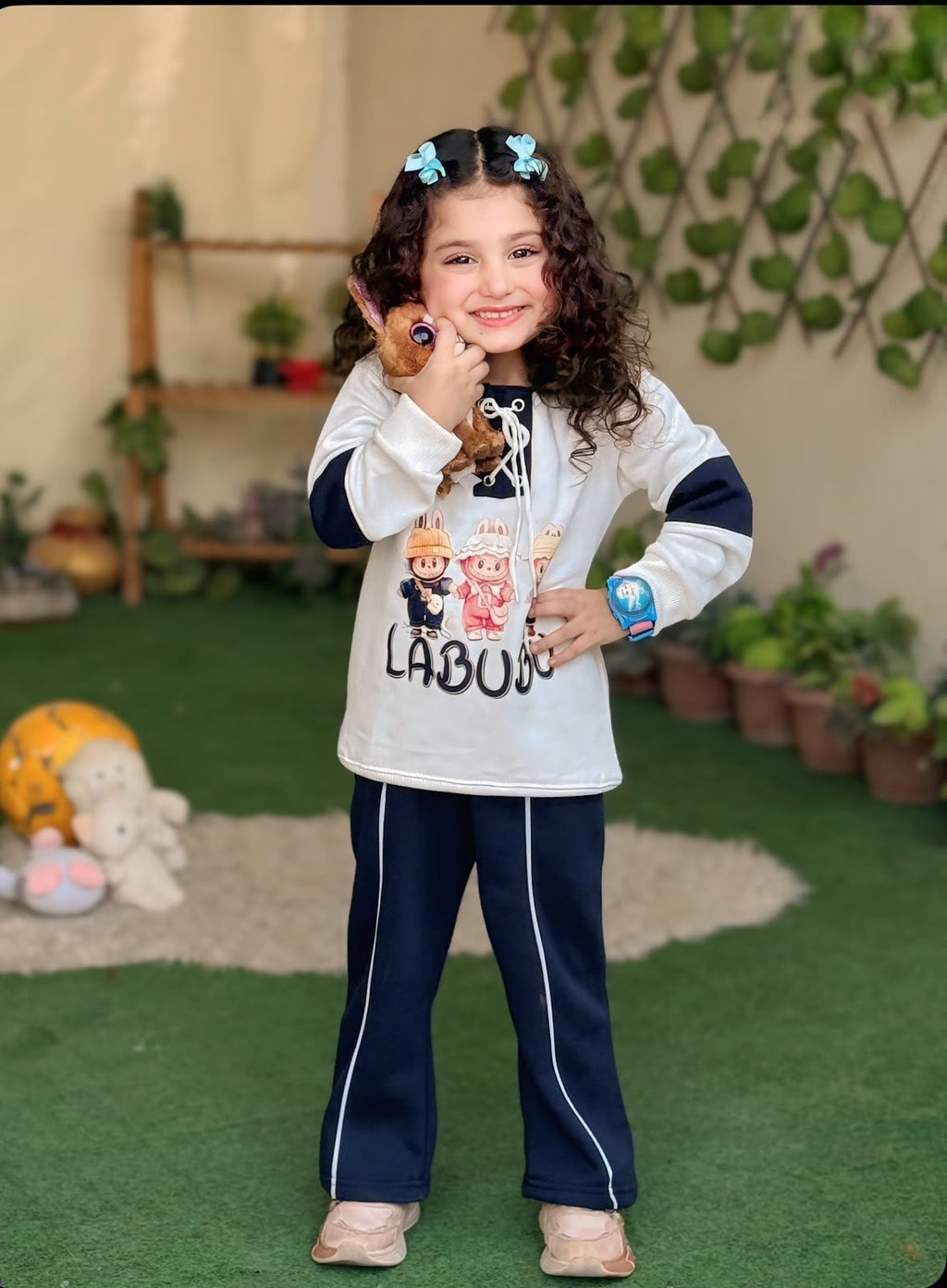 Girls’ Olive & Navy Graphic Sweatshirt with Matching Track Pants Set