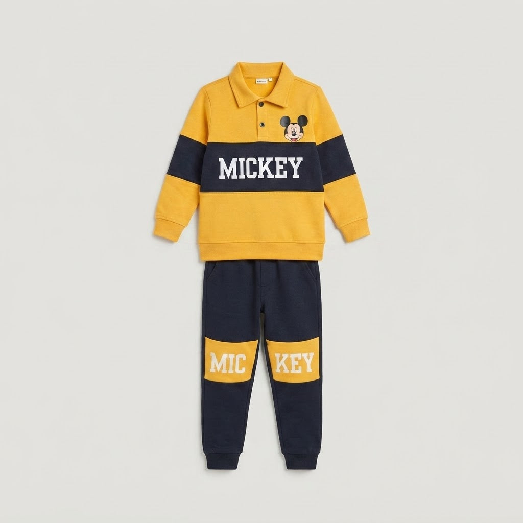 Kids Mickey Mouse Polo Tracksuit | Boys Yellow & Navy Disney Fleece Outfit