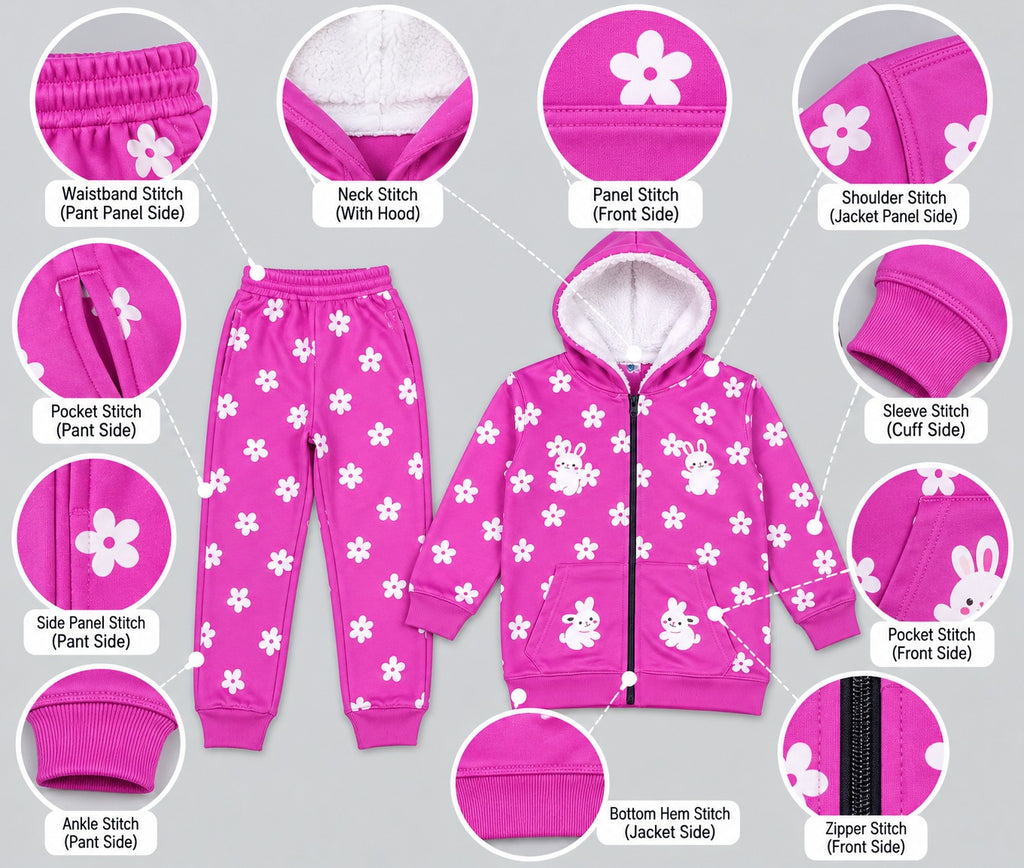 Girls Warm Floral & Bunny Fleece Tracksuit – Pink Winter Hooded Suit