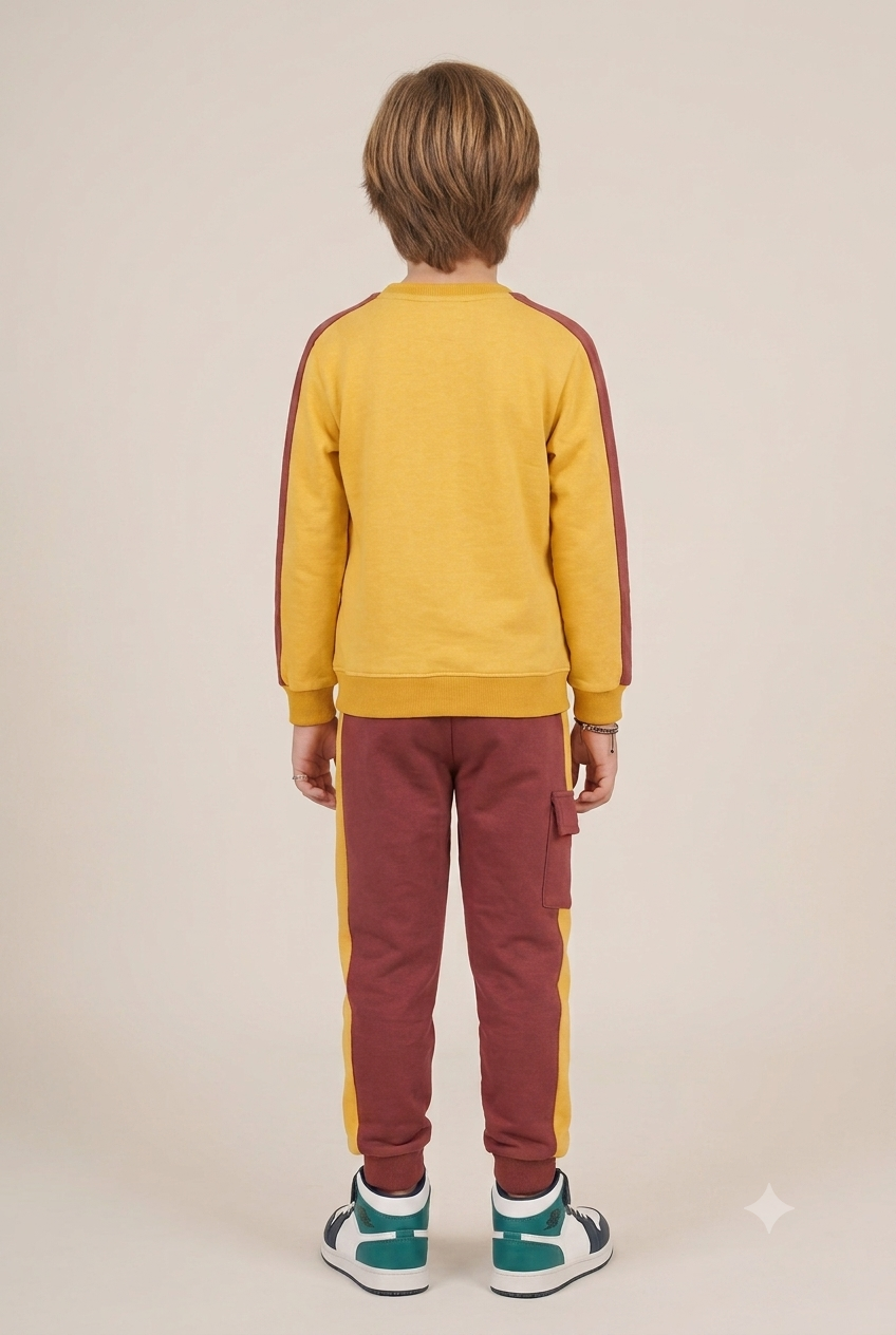Kids "Youth Is Here" Mustard & Maroon Sweatshirt & Jogger Set | Boys Streetwear Fleece Tracksuit