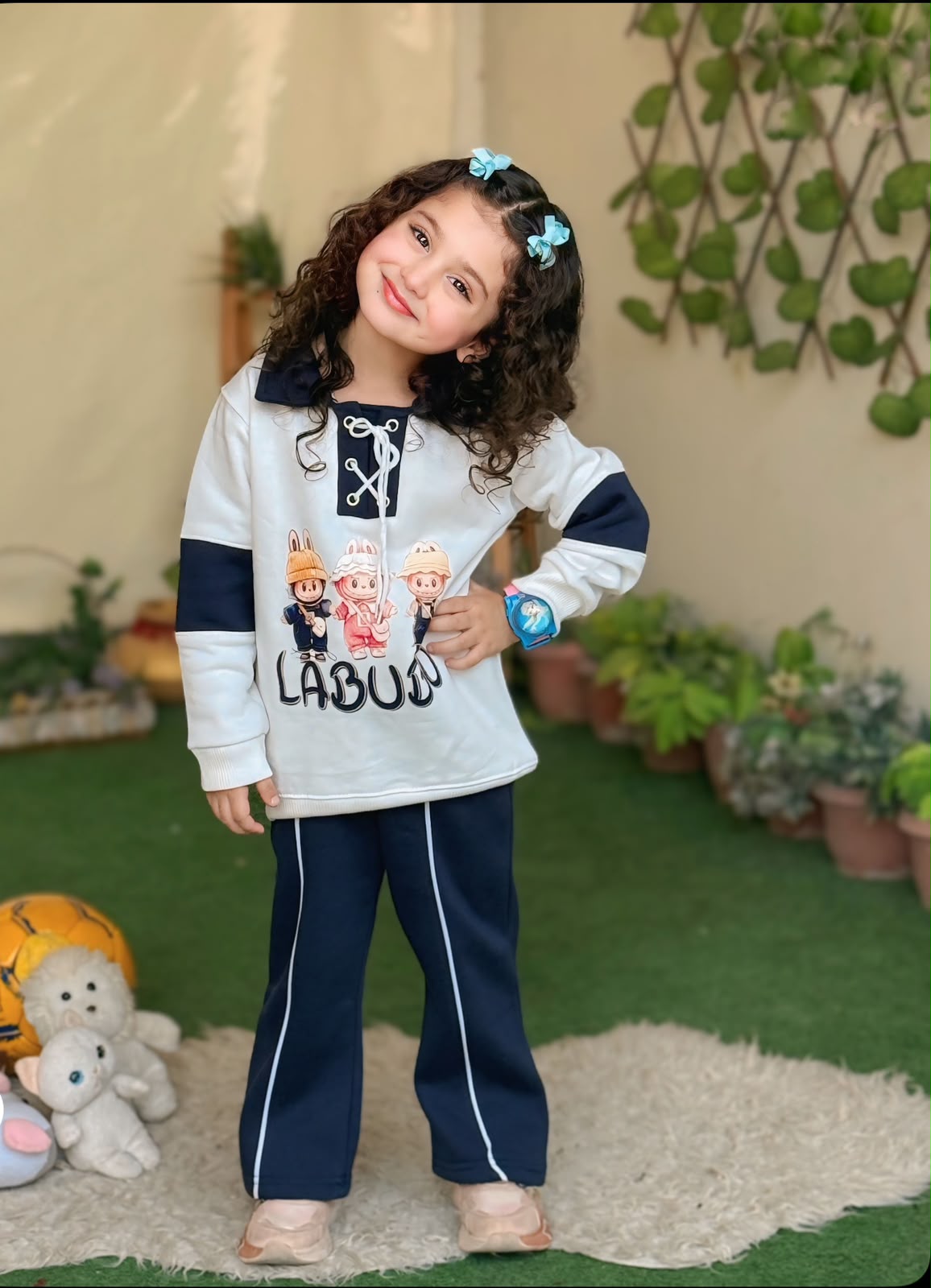Girls’ Olive & Navy Graphic Sweatshirt with Matching Track Pants Set