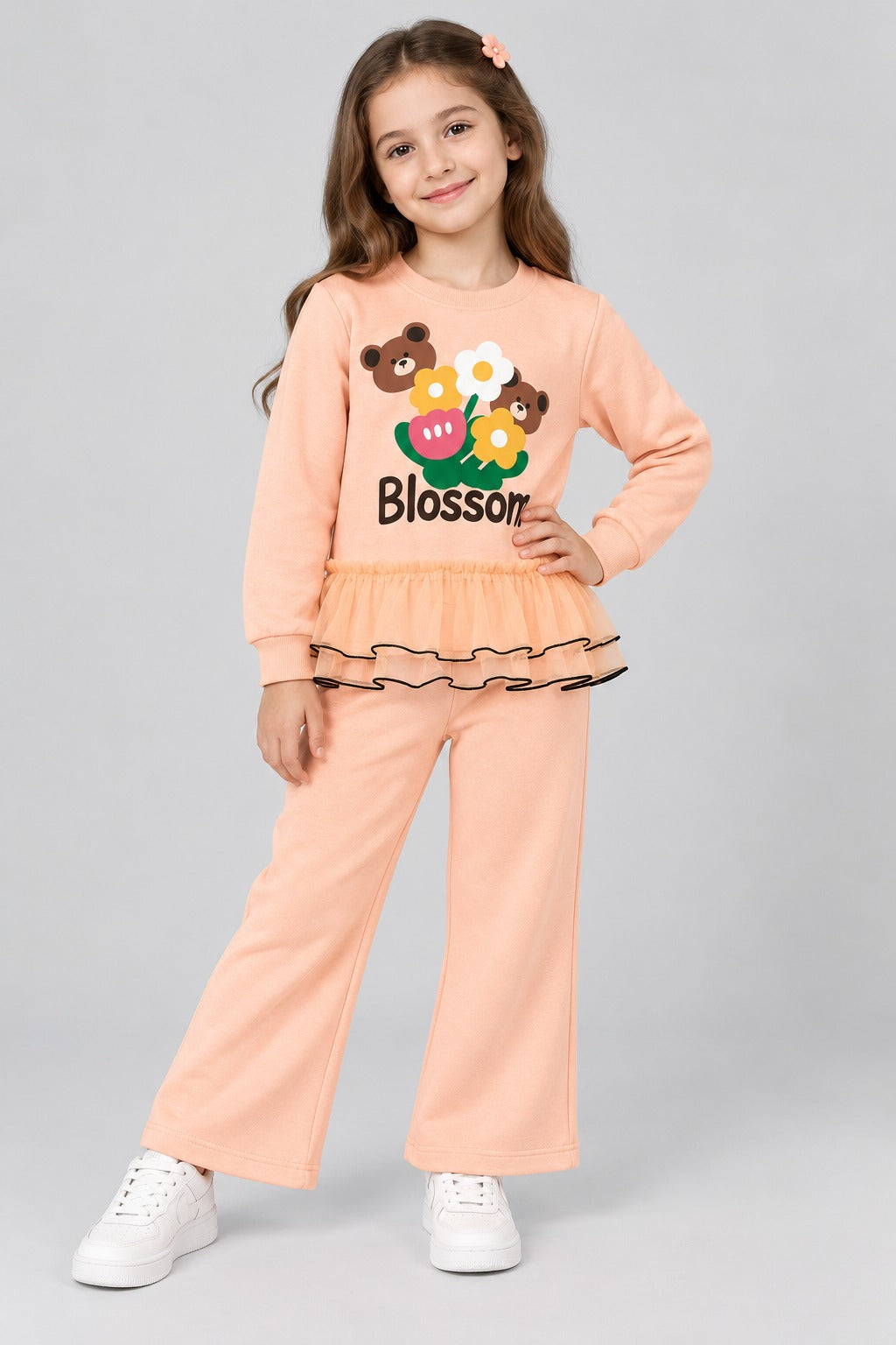 Girls Blossom Bear Ruffle Top & Wide-Leg Pants Set