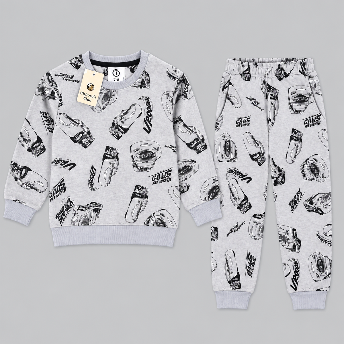 Kids All-Over Car Print Grey Sweatshirt & Jogger Set | Boys Vroom Streetwear Tracksuit