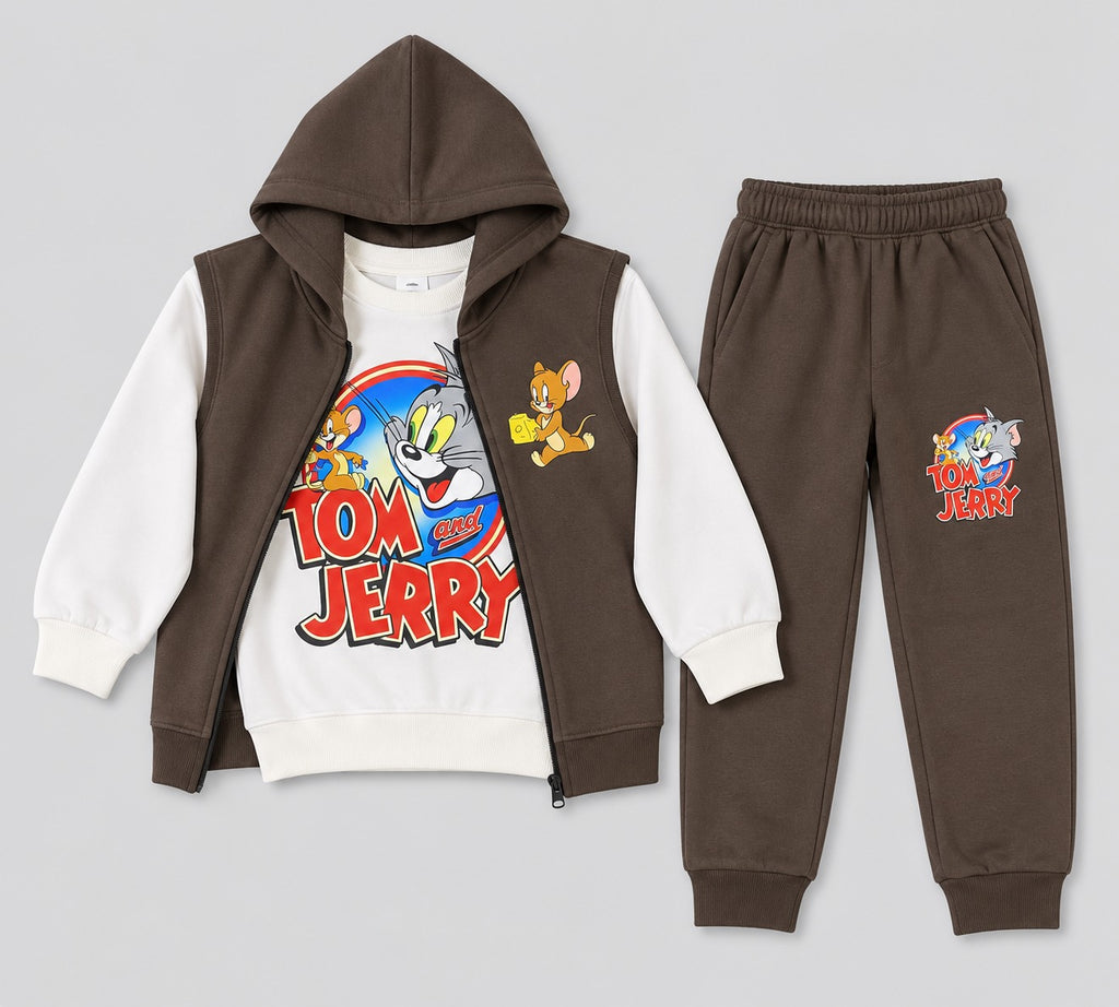 Kids "Tom and Jerry" 3-Piece Fleece Vest & Tracksuit Set | Boys Brown & Off-White Cartoon Outfit