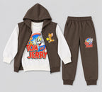 Kids "Tom and Jerry" 3-Piece Fleece Vest & Tracksuit Set | Boys Brown & Off-White Cartoon Outfit