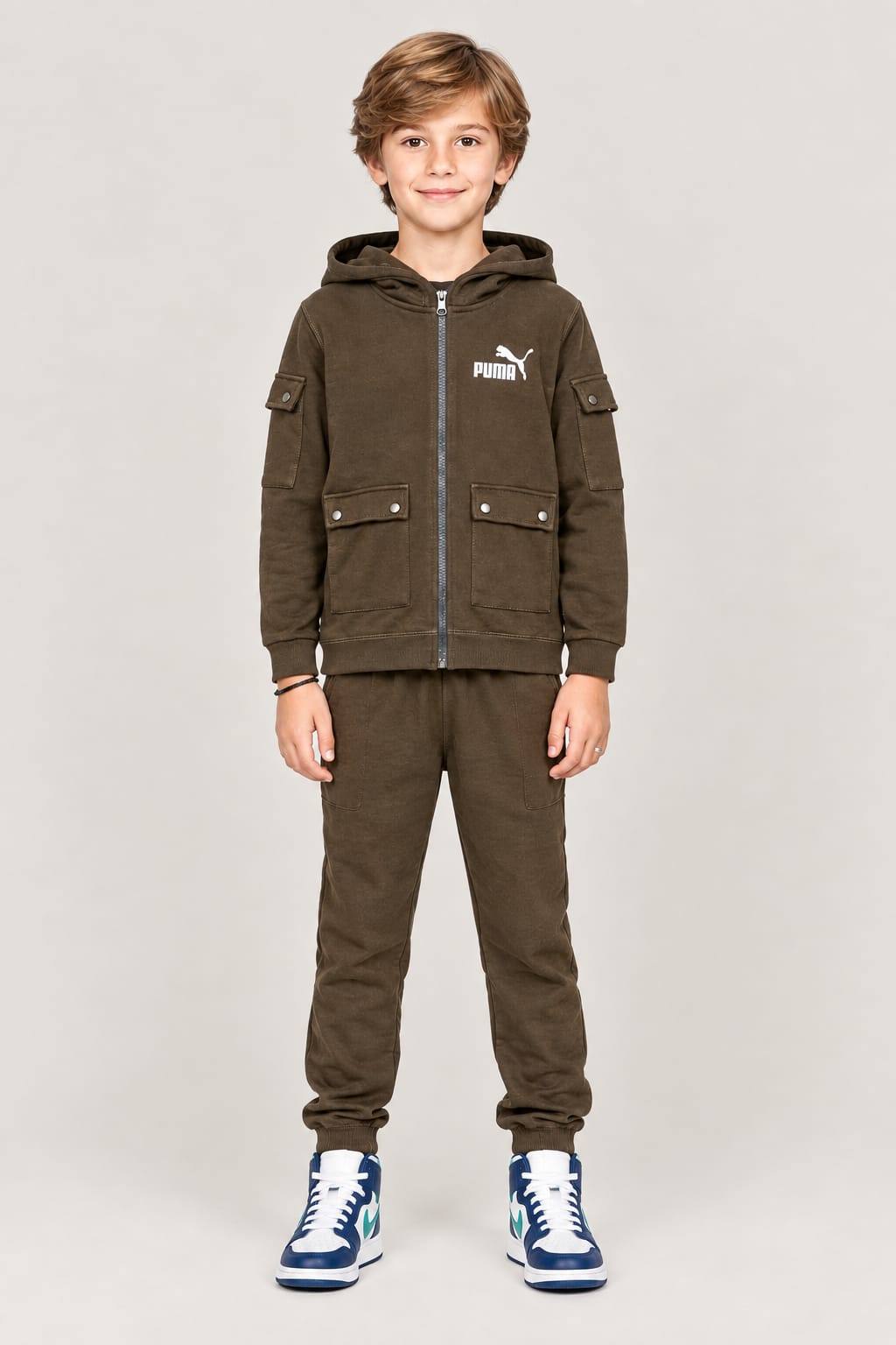Kids Hooded Zip-Up Cargo Tracksuit Set