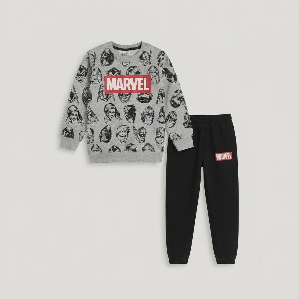 Kids Marvel Heroes All-Over Print Sweatshirt & Jogger Set | Boys Grey & Black Superhero Tracksuit