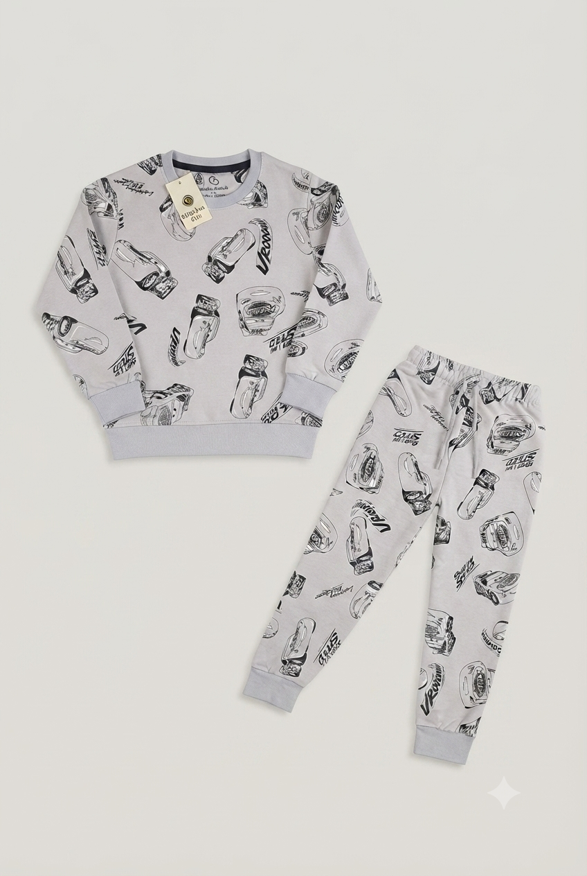 Kids All-Over Car Print Grey Sweatshirt & Jogger Set | Boys Vroom Streetwear Tracksuit