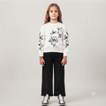 Girls Floral Embroidery White Sweatshirt & Flapper Trousers Set | Black & White Fleece Outfit