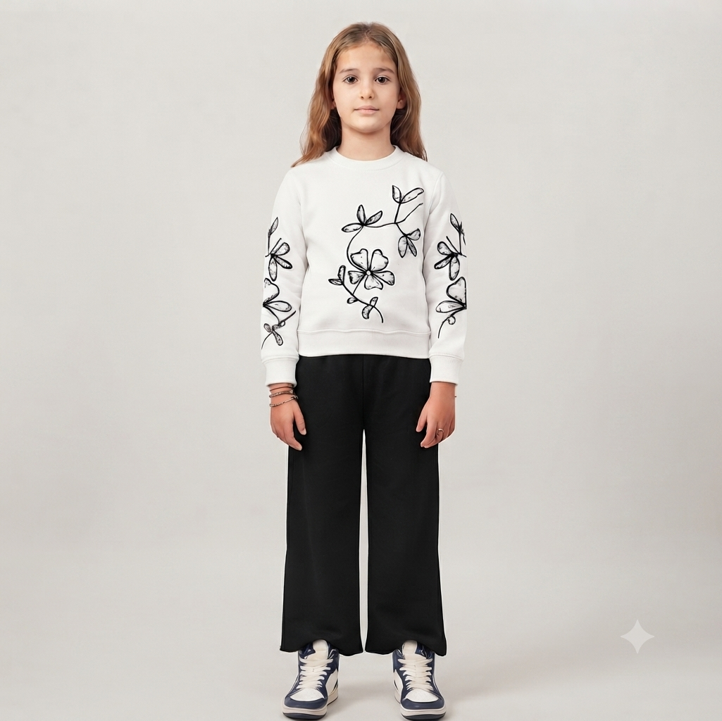 Girls Floral Embroidery White Sweatshirt & Flapper Trousers Set | Black & White Fleece Outfit